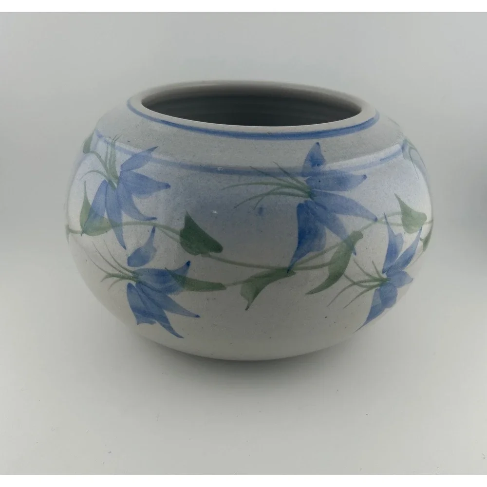Vintage Signed KORN 94 Ceramic Vase Blue Floral Round‎ Pottery Art Decor